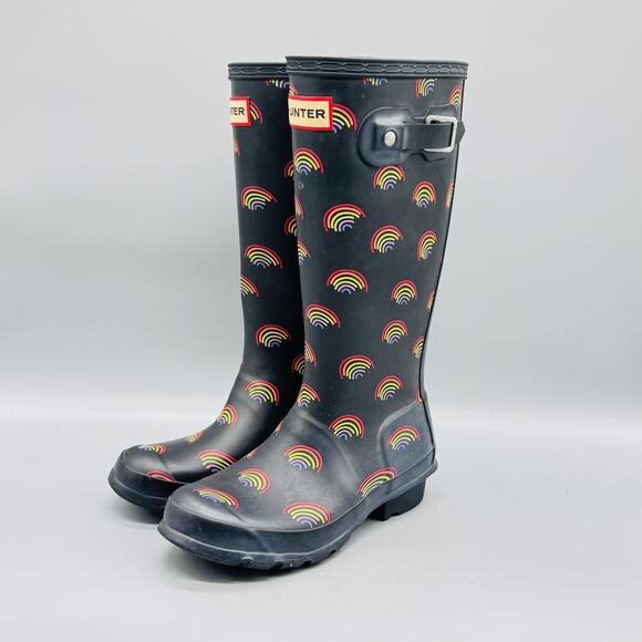 Hunter Boots Kids Girls 1 Black Rainbow Print Tall Wellington Buckle Rain Shoes - Picture 4 of 11